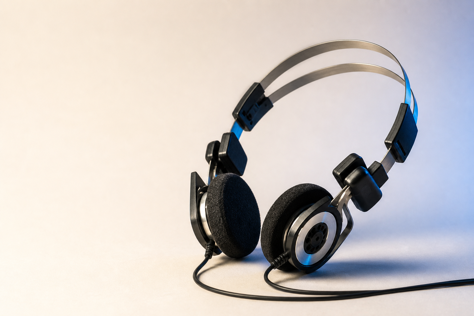 Studio photograph of compact black and silver retro on-ear headphones